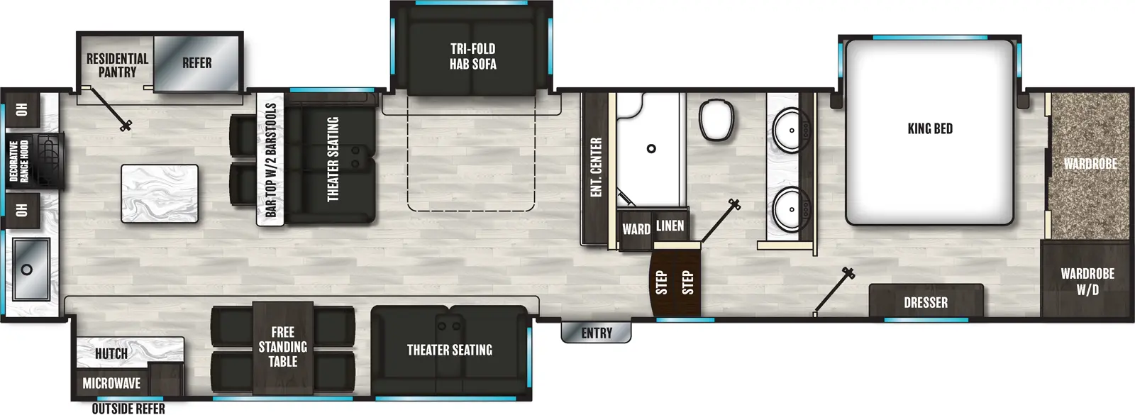 The 374RK has four slideouts and one entry. Exterior features an outside refrigerator. Interior layout front to back: front bedroom with off-door side king bed slideout, front wardrobe with washer and dryer, and door side dresser; off-door side full bathroom with linen closet; two steps down to wardrobe and entry; entertainment center along inner wall; door side slide out containing theater seating, free standing table and hutch with microwave cabinet; off-door side slide out containing tri-fold hide-a-bed sofa; bar top with two bar stools along back edge of theater seating opposite the entertainment center; off-door side slideout with refrigerator and residential pantry; kitchen island; rear kitchen area with overhead cabinets and decorative range hood.